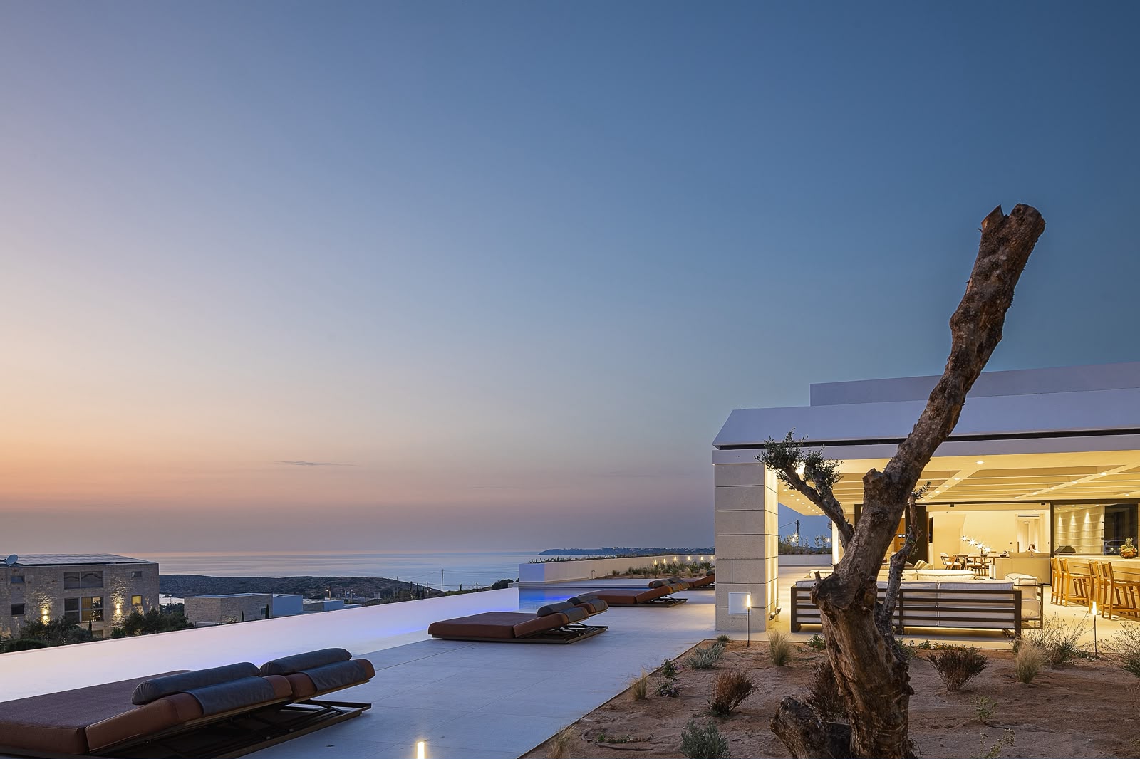 The outdoor pavilion glowing after sunset